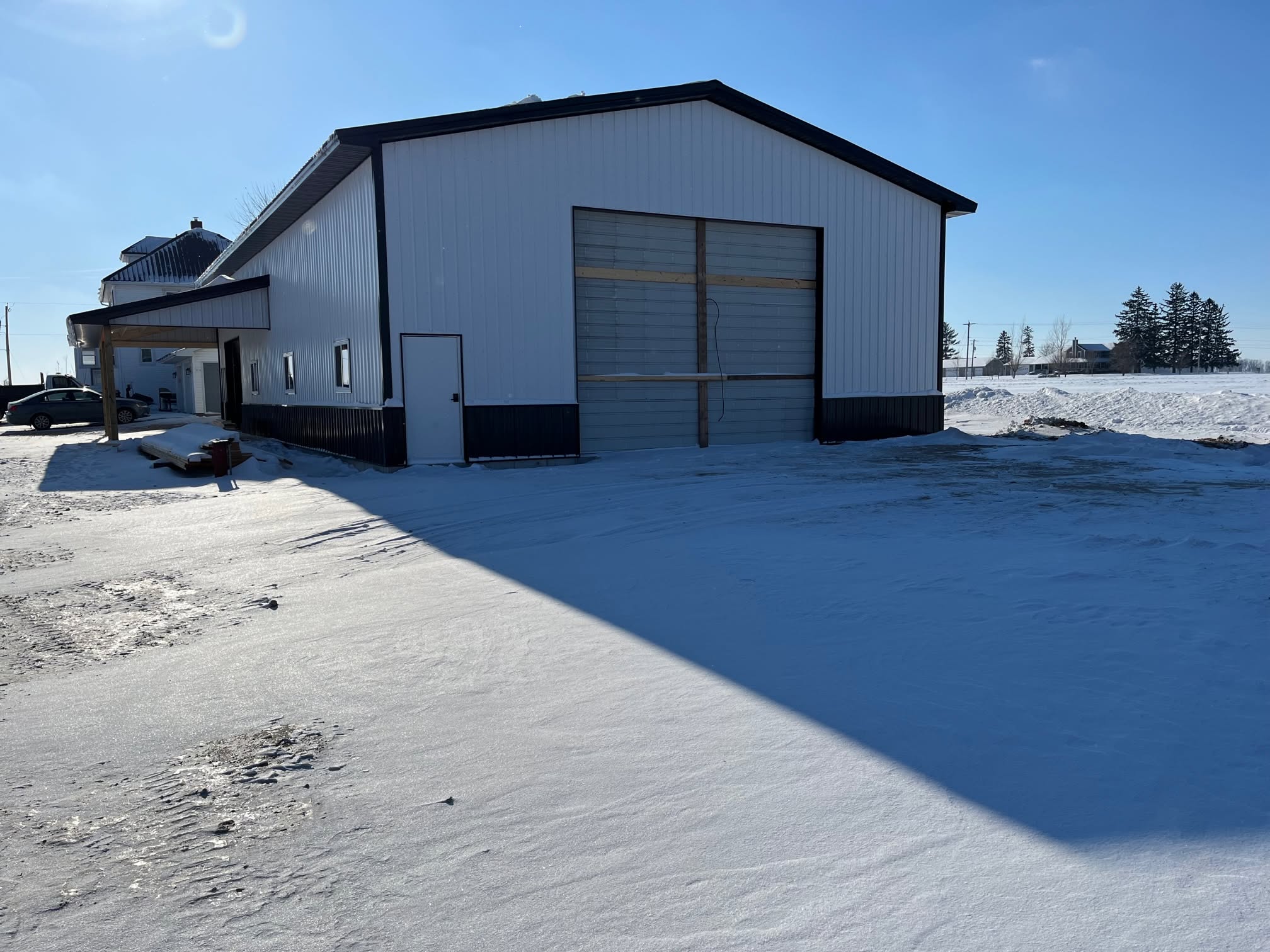 Completed commercial metal building in winter